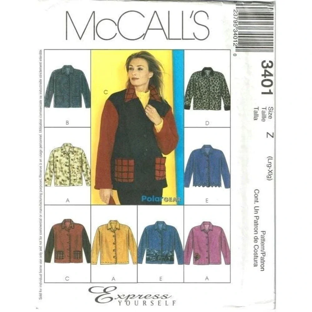 McCalls 3401 Womens Misses Petite Unlined Jacket Sewing Pattern Size Z Lrg/X-Lrg